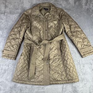 Lands' End Coat‎ Womens Small Tan Khaki Quilted Belted Snap Front Insulated